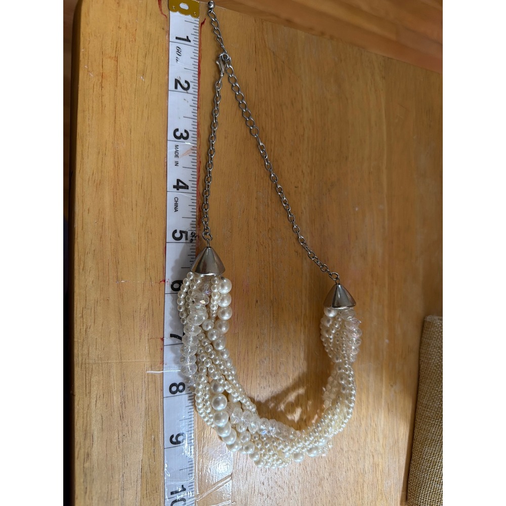 Multi Strand Faux Pearl and Iridescent Bead Chunky Bib Statement Necklace Silver - Picture 4 of 5